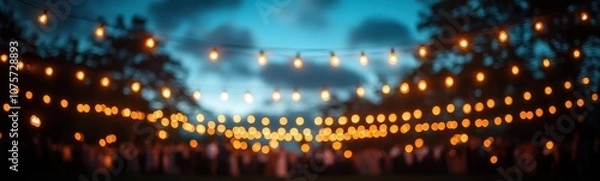 Fototapeta Many lights that are hanging from a wire, blurred background