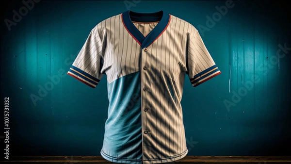 Fototapeta A classic baseball jersey with blue trim is shown from the front and back against a black background