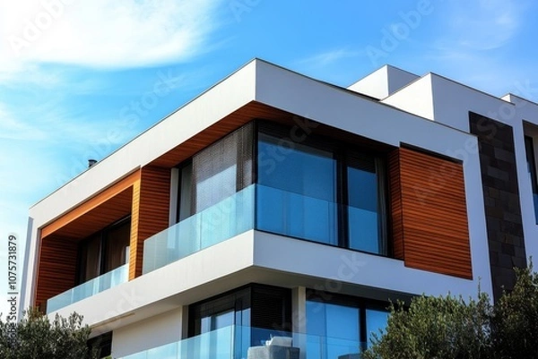 Fototapeta Modern white building with large windows. Perfect for real estate, architecture, or design projects.