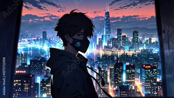 Fototapeta An anime boy in a futuristic mask stands by a window, overlooking a vibrant, neon-lit cyberpunk city at sunset, with tall skyscrapers dominating the skyline