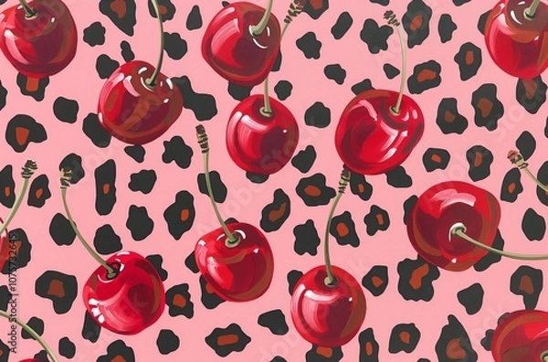 Fototapeta Red cherries pattern decorating pink leopard print background