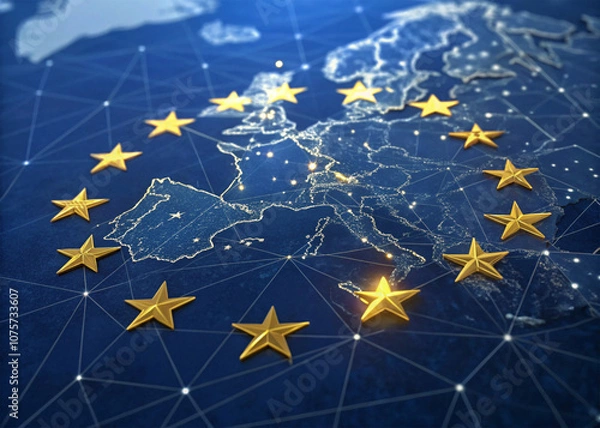 Obraz European Union flag and map digital constellation networks, connectivity, and data integration with network lines
