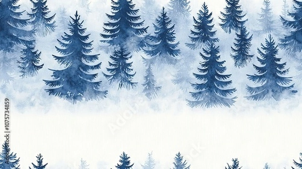 Obraz   A serene watercolor painting captures the essence of a dense forest shrouded in mist, where snow blankets the ground and a vivid blue sky peeks through the canopy above