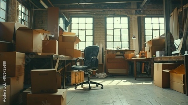 Fototapeta A Single Office Chair in a Cluttered Room with Cardboard Boxes