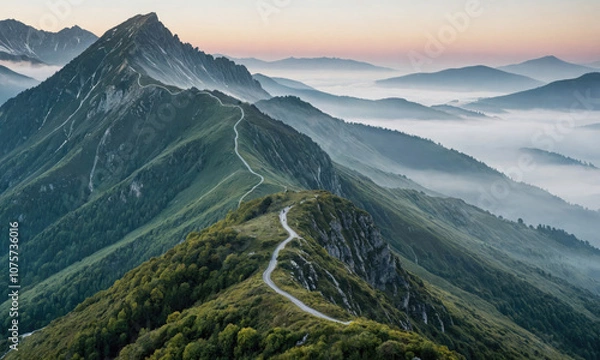 Obraz A winding road leads up a mountainside, surrounded by fog and distant peaks