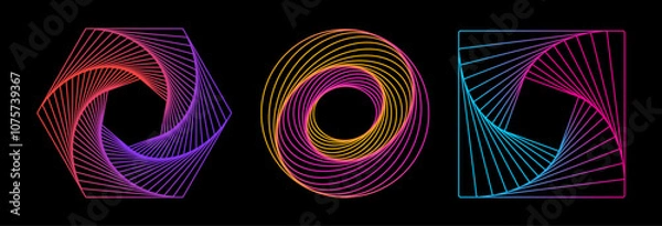 Obraz Set of colored twisted spirals. Twisted wireframe tunnels of different shapes: hexagon, circle, square isolated on a dark background. Design element. Swirlings. Logo.