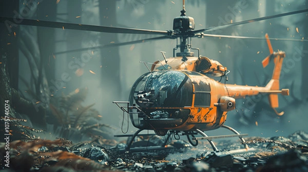 Obraz Airplane abandoned on ground with a dramatic sky background.