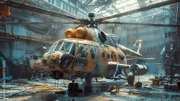 Obraz Airplane abandoned on ground with a dramatic sky background.