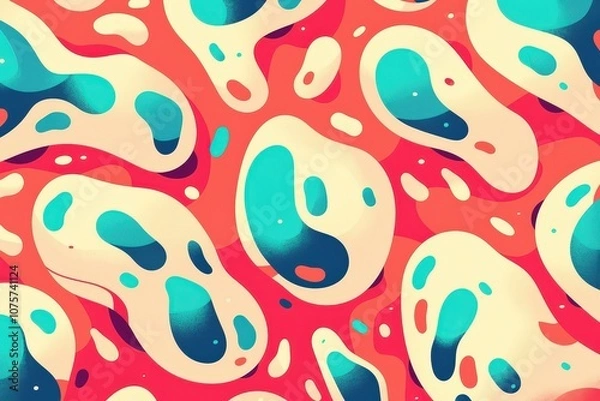 Fototapeta Playful and modern comic-style background in bright teal and coral featuring swirling abstract shapes, creating a vibrant and dynamic look..