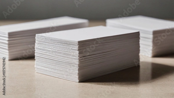 Fototapeta Stacks of blank white cards or paper are arranged in rows, creating a sense of order and repetition