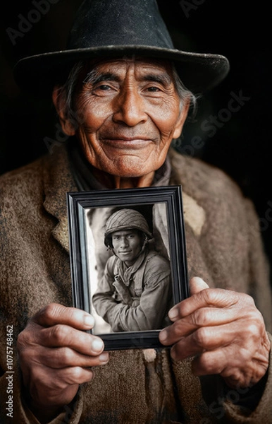 Fototapeta Smiling senior Native American Indian holding a photo of a WWII soldier