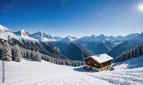 Fototapeta A small cabin sits on a snow-covered mountainside overlooking a valley of snow-capped peaks