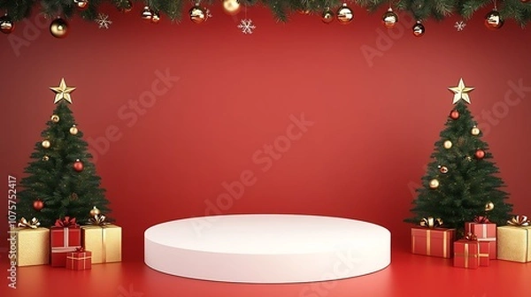 Fototapeta Joyful Christmas Celebration with Two Decorated Trees and Gifts on Red Background : Generative AI