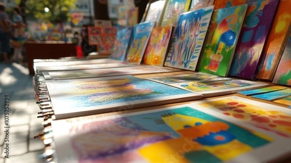 Fototapeta Vibrant market stall displaying handmade art pieces and colorful paintings