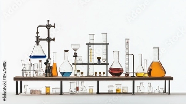 Obraz Chemical lab with glass beakers, Bunsen burners, and various chemical reagents on a lab bench, isolated on white