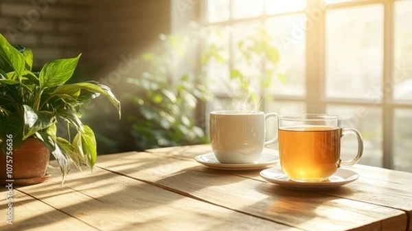 Fototapeta A serene image of a cup of tea steaming gently on a sunlit wooden surface, accompanied by green plants, evoking a sense of peace and quietude in a bright setting.
