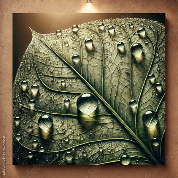Fototapeta Macro Artwork of Water Droplets on Leaf