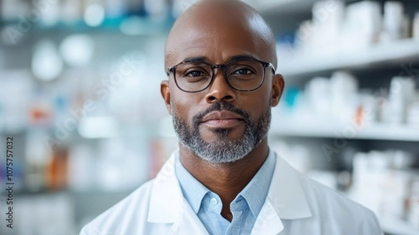 Fototapeta An experienced pharmacist wearing glasses and a white coat stands confidently among neatly arranged pharmaceutical shelves, highlighting assurance and expertise.