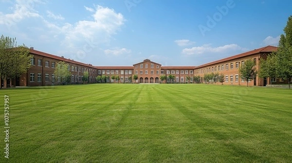Fototapeta A large, manicured lawn stretches out in front of a red brick building with arched entryways.