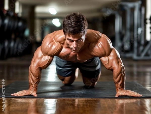 Fototapeta A muscular man performing push-ups on a mat in a gym setting.