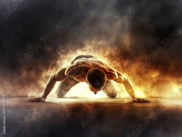 Fototapeta A muscular man performs push-ups, surrounded by fiery effects, symbolizing strength and determination.