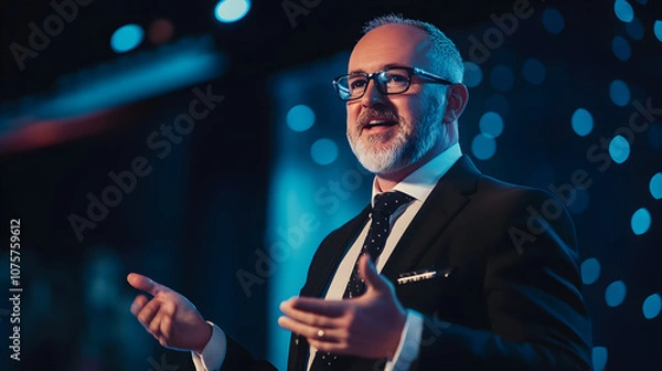 Fototapeta Zdolny lider zespołu podnosi morale podczas uroczystości wręczenia nagród za wybitne osiągnięcia w korporacji