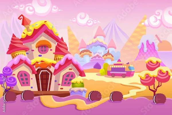 Obraz Creative Illustration and Innovative Art: Background Set 1: Ice cream Town. Realistic Fantastic Cartoon Style Artwork Scene, Wallpaper, Story Background, Card Design
