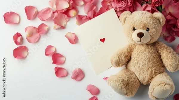 Fototapeta Valentine flat lay with a teddy bear, pink rose petals, and a love card, isolated on white