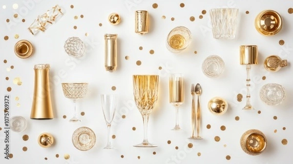 Fototapeta Elegant flat lay of gold champagne glasses, luxury party decorations, and sparkling confetti, isolated on white