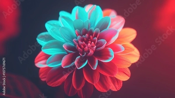 Fototapeta Glowing Blue and Orange Flower in Dark Background   Abstract Floral Design