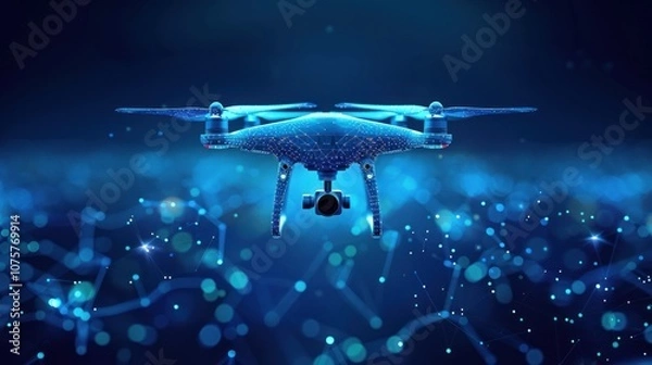 Fototapeta A futuristic drone with a camera flying through a network of glowing blue lines.
