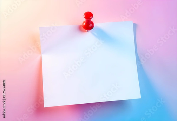 Fototapeta White sticky note with a red push pin on a gradient background, suitable for reminders, notes, or memos. Generative AI
