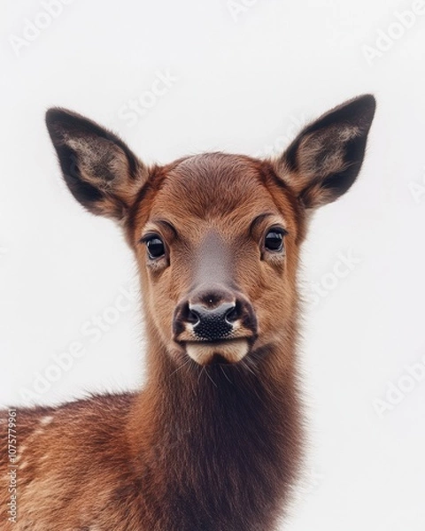 Fototapeta Mystic portrait of baby Elk, copy space on right side, Headshot, Close-up View, isolated on white background