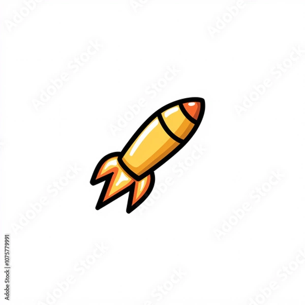 Fototapeta A cartoon-style rocket in yellow and orange, soaring upwards against a plain white background.