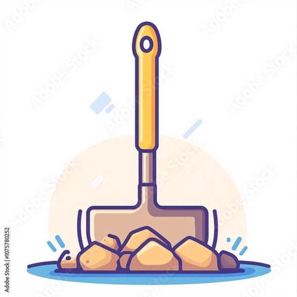 Fototapeta A cartoon-style image of a shovel resting on a pile of rocks, set against a simple, light background.