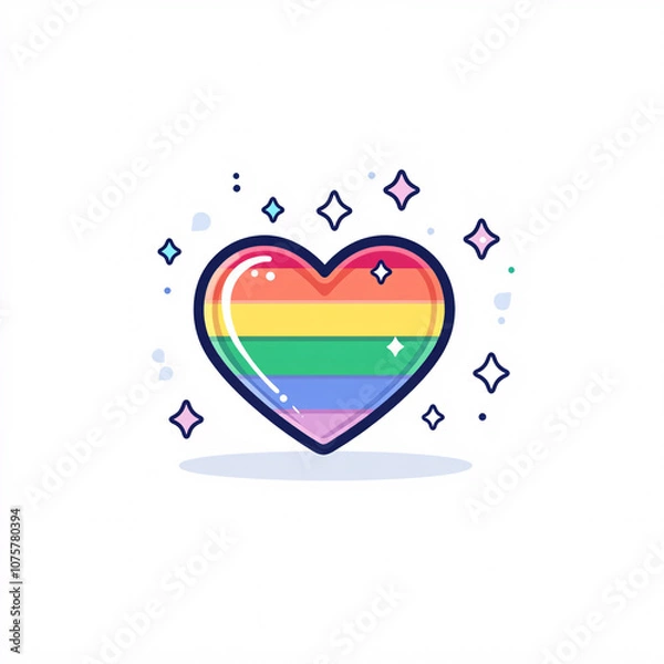 Fototapeta A colorful, cartoon-style heart featuring rainbow stripes, surrounded by sparkling stars, symbolizing love and LGBTQ+ pride.