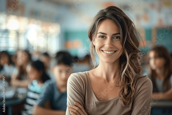 Obraz Smiling female teacher in classroom with students learning