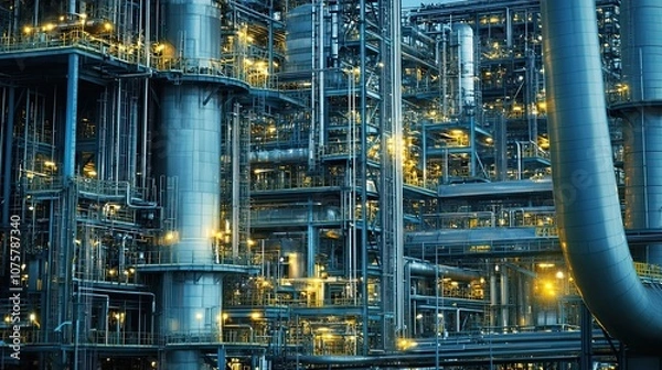 Fototapeta An intricate network of pipes and platforms at an illuminated industrial complex