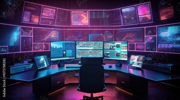 Fototapeta Futuristic cyberpunk workspace with multiple screens displaying data and information.
