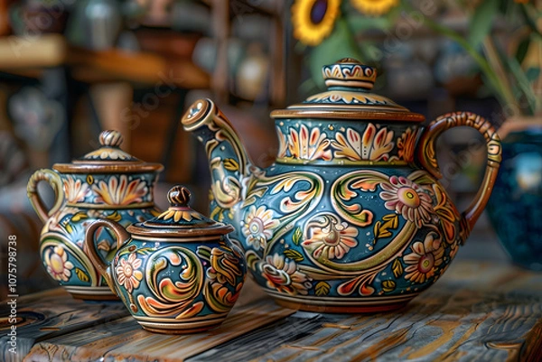 Fototapeta Beautiful hand-painted ceramic teapot set featuring intricate floral designs, perfect for adding a touch of elegance to any tea gathering.