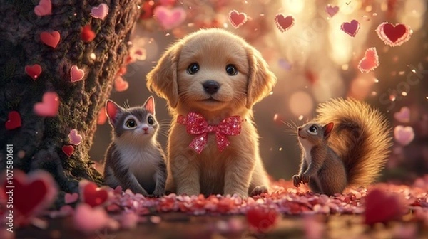 Fototapeta Golden Retriever Puppy with Cat and Squirrel in Love-Themed Setting