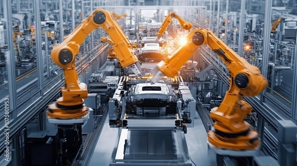 Fototapeta Industrial Robots Assembling a Car on a Manufacturing Line