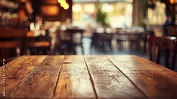 Obraz Rustic Wooden Table in a Cozy Cafe