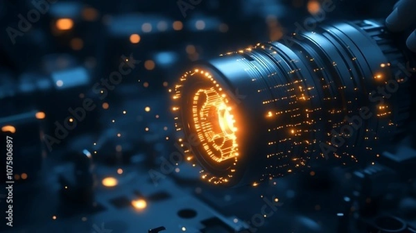 Fototapeta A close-up of a lens emitting bright, glowing particles, set against a dark backdrop of electronic components, suggesting themes of technology and innovation.