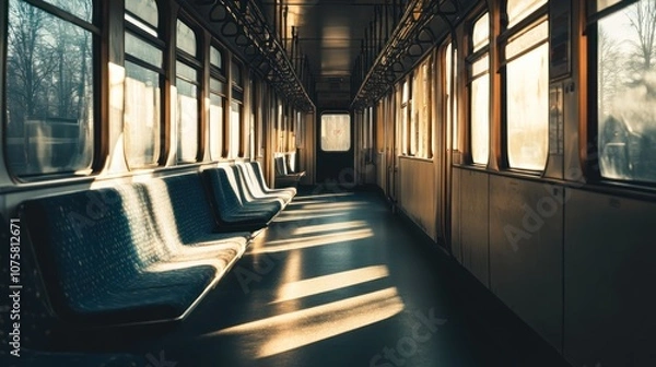 Fototapeta Empty Train Interior Bathed in Warm Sunlight