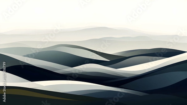 Fototapeta Abstract illustration of a mountain range with a hazy, foggy background in blue and white tones.