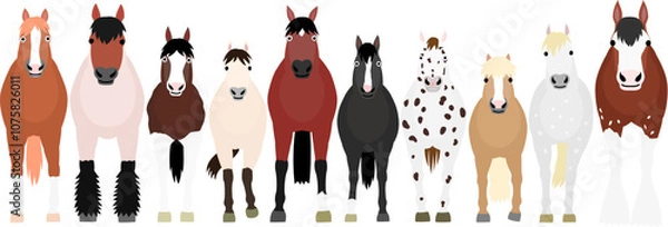 Fototapeta cute colorful cartoon horses in a row, from the front