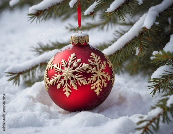Fototapeta A festive red Christmas ornament with gold snowflakes, nestled in a bed of fresh snow beneath a snowy pine tree branch.
