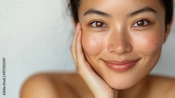 Fototapeta Close-up of East Asian woman, soft glowing skin, gentle smile, hand resting on cheek, minimalistic style, bare shoulders, empty background.