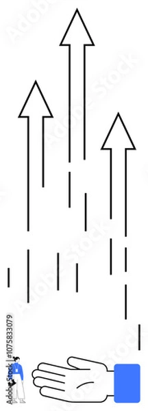 Fototapeta Hand holds person, extends upward arrows, signifying support, guidance, empowerment, progression, upward mobility. Ideal for growth, success leadership mentorship motivation progress